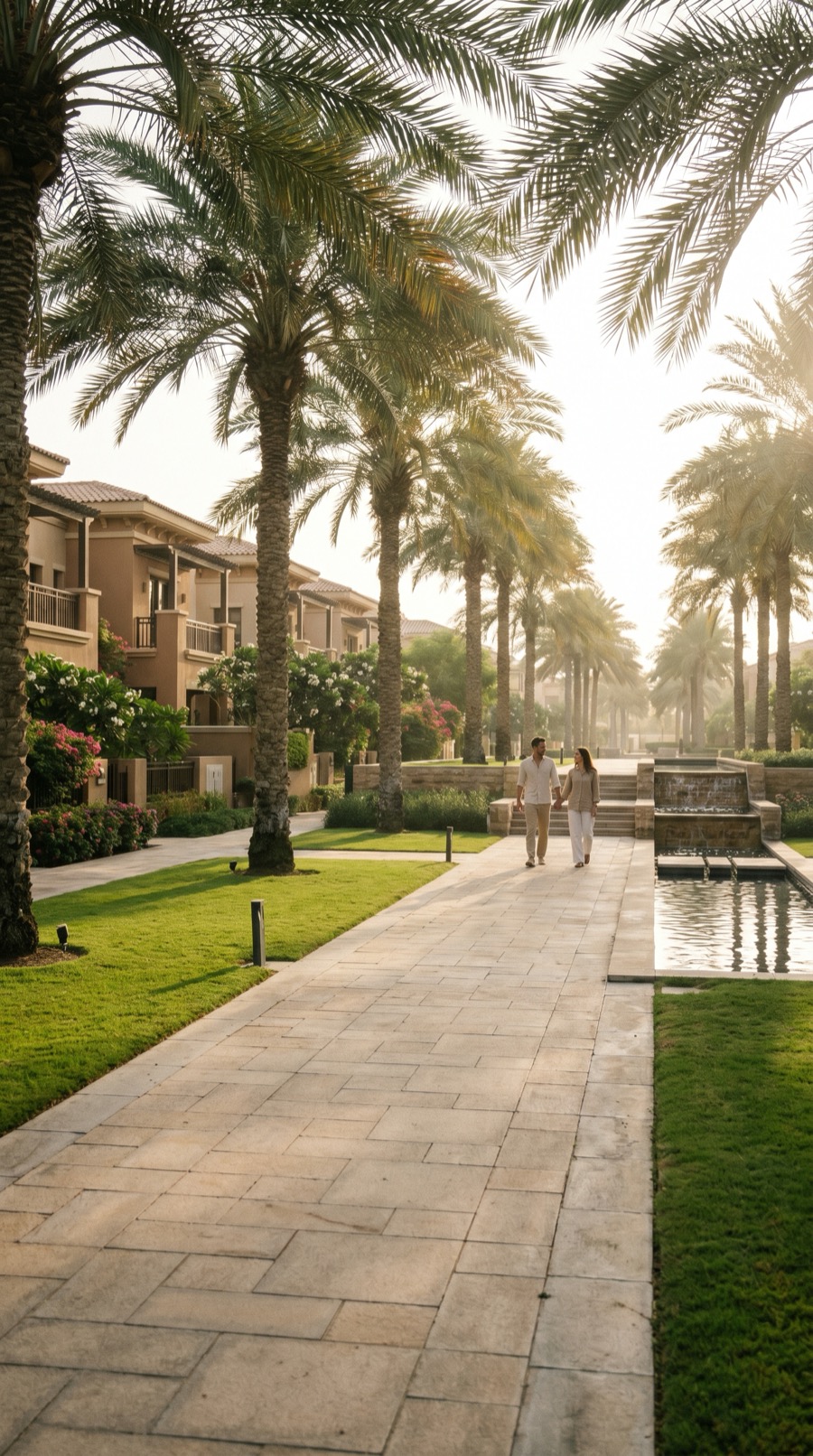 Shaded landscaped walkway with water feature