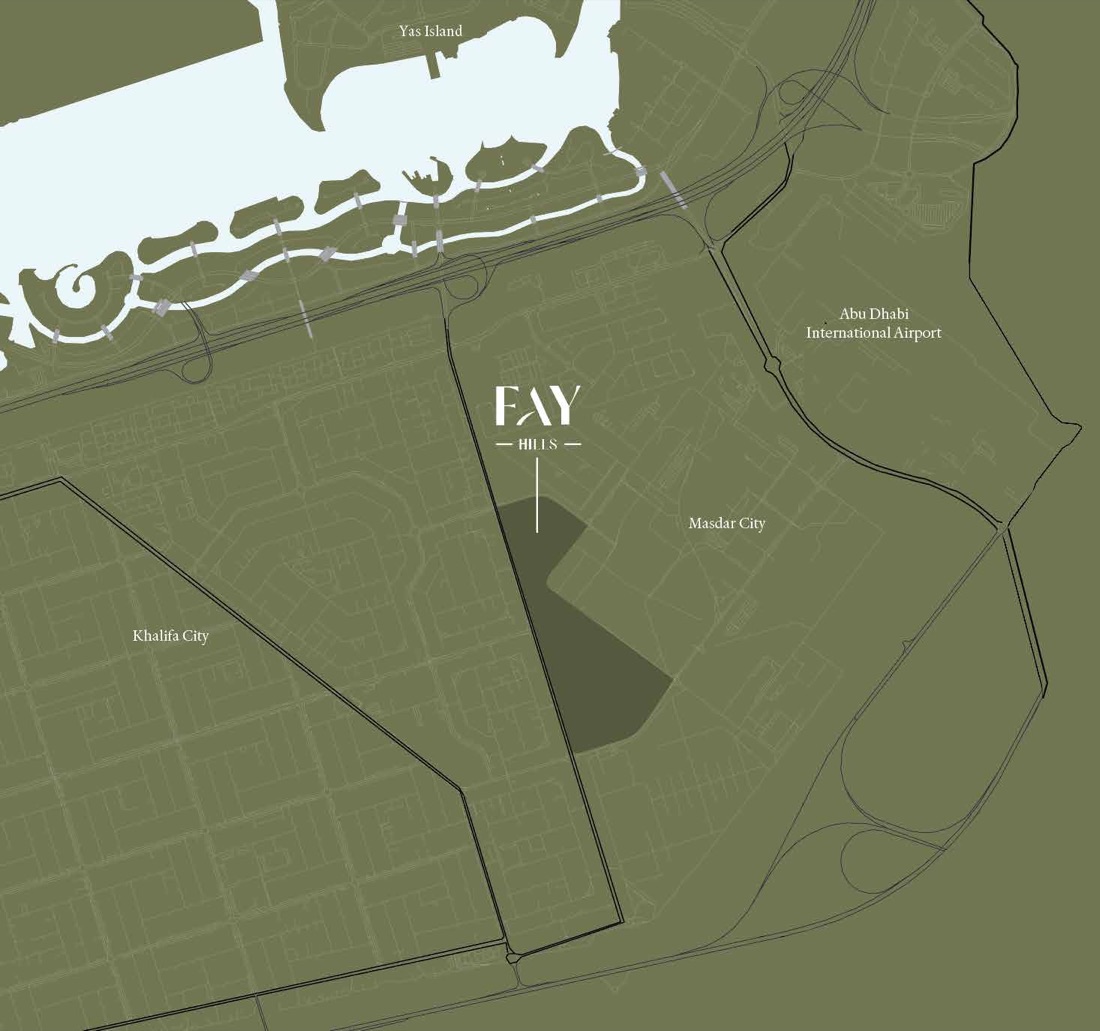 Map showing Fay Hills location between Masdar City and Khalifa City